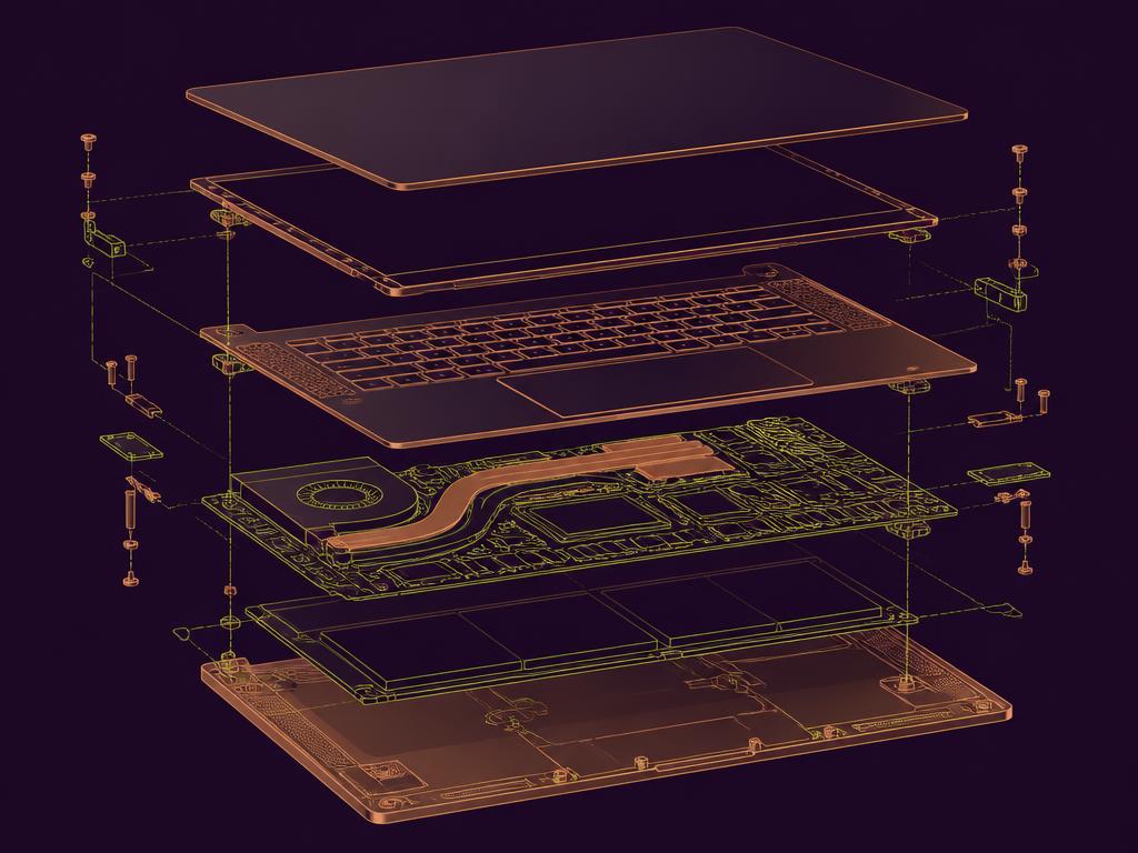 Exploded technical diagram of a notebook showing the copper cooling spine